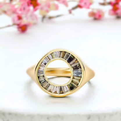 Tapered Baguette Salt and Pepper Diamond Ring Grey Sphere OOAK Design featuring a tapered baguette salt and pepper diamond with grey to black tones, split shank structure, and a modern slim band ring design