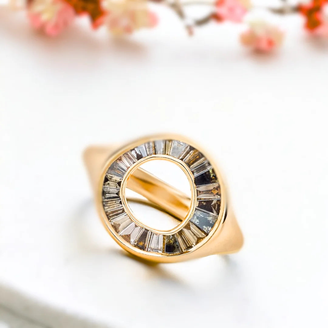 Tapered Baguette Salt and Pepper Diamond Ring Grey Sphere OOAK Design featuring a tapered baguette salt and pepper diamond with grey to black tones, split shank structure, and a modern slim band ring design