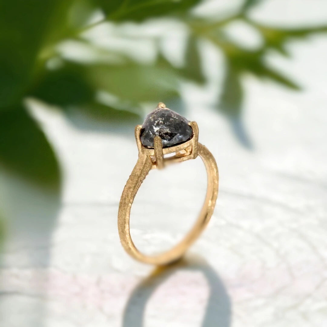 Trilliant Diamond Solitaire Ring in Fine Jewellery Style featuring a 2.20 carat trillion-cut salt-and-pepper diamond with a minimalist solitaire setting and a slim 1.70 mm band in a sleek modern design