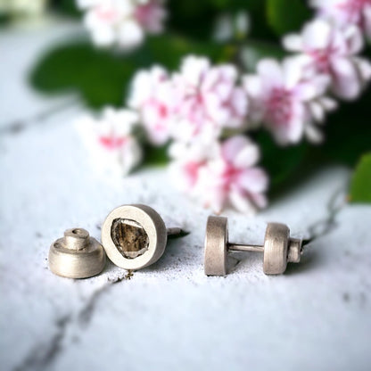 Vintage Floral Stud Earrings with Garden-Inspired Design featuring rose uncut salt-and-pepper diamonds in a minimalist, floral-inspired stud setting with a screw-back closure and natural organic diamond patterns.