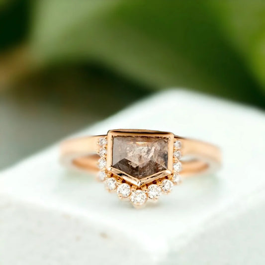 Vintage Salt and Pepper Diamond Ring with Antique-Inspired Design featuring a 0.80 CT vintage-cut salt-and-pepper diamond with natural inclusions, accented by round side diamonds in an antique-inspired engagement ring design with a straight shank band and elegant handcrafted detailing.