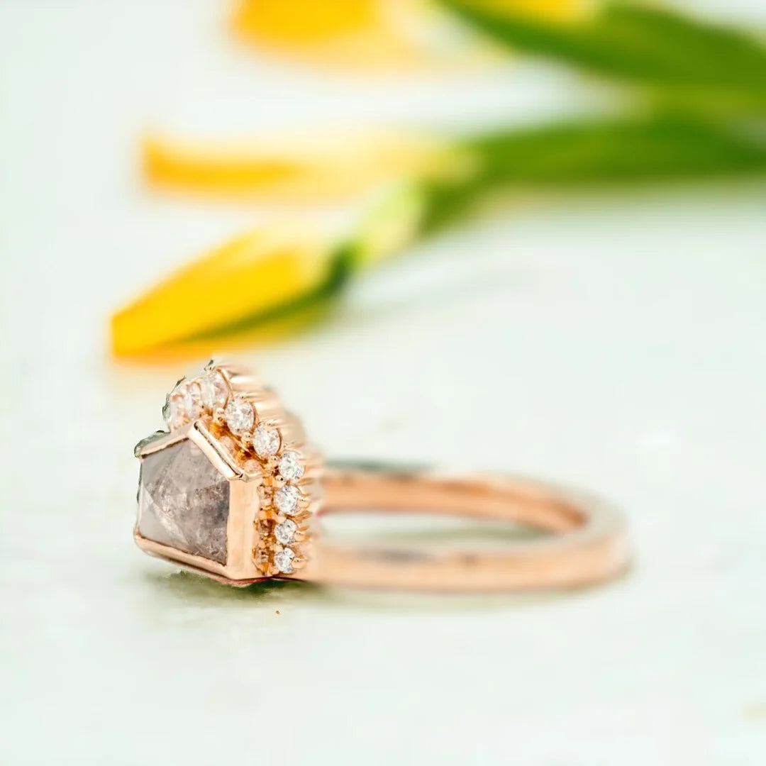 Vintage Salt and Pepper Diamond Ring with Antique-Inspired Design featuring a 0.80 CT vintage-cut salt-and-pepper diamond with natural inclusions, accented by round side diamonds in an antique-inspired engagement ring design with a straight shank band and elegant handcrafted detailing.