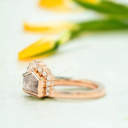 Vintage Salt and Pepper Diamond Ring with Antique-Inspired Design featuring a 0.80 CT vintage-cut salt-and-pepper diamond with natural inclusions, accented by round side diamonds in an antique-inspired engagement ring design with a straight shank band and elegant handcrafted detailing.