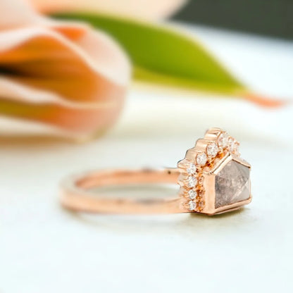 Vintage Salt and Pepper Diamond Ring with Antique-Inspired Design featuring a 0.80 CT vintage-cut salt-and-pepper diamond with natural inclusions, accented by round side diamonds in an antique-inspired engagement ring design with a straight shank band and elegant handcrafted detailing.